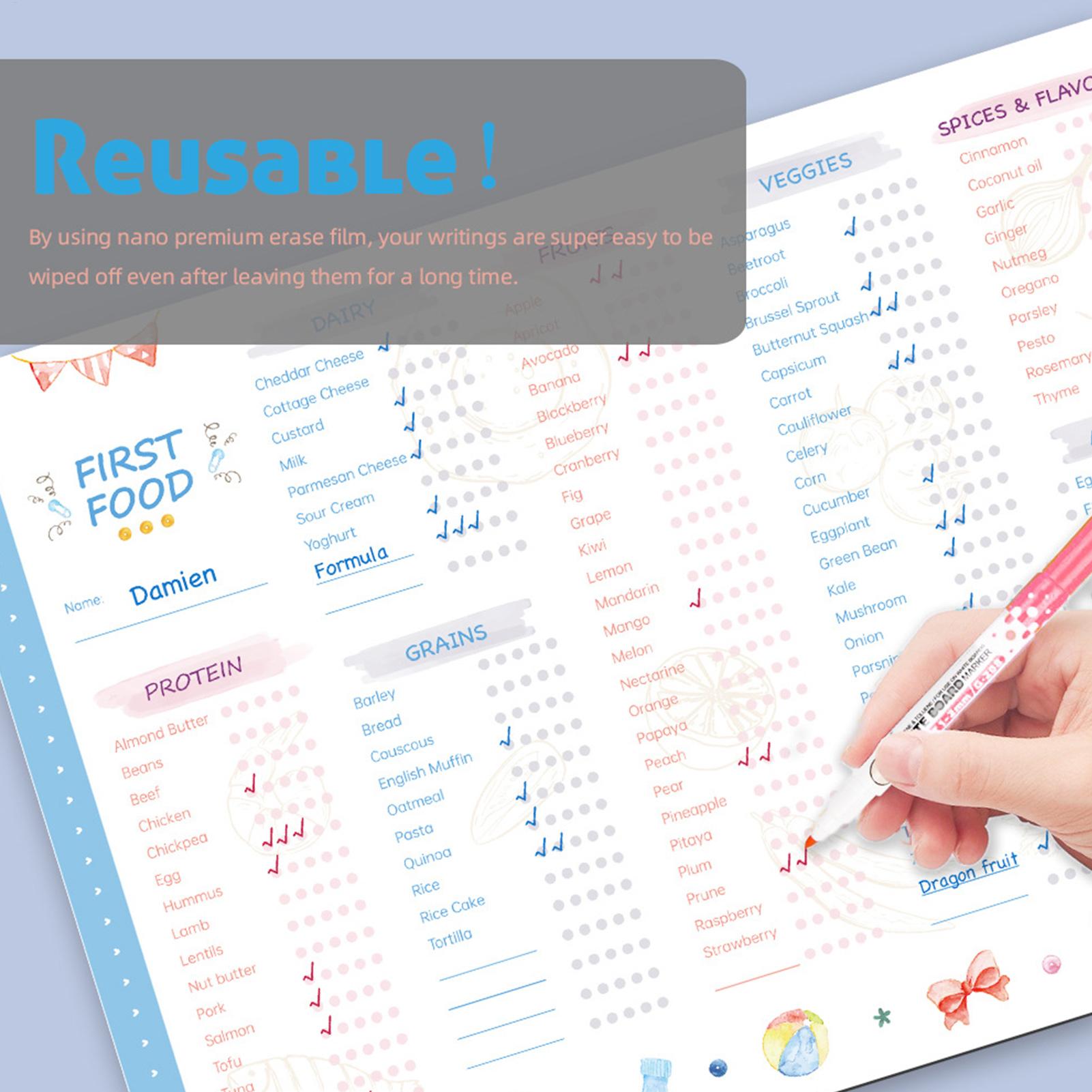 Baby Food Essentials - Baby-Erstfutter-Checkliste Magnetischer Wiederholbarer Baby-Fütterungs-Tracker Essentielles Abstillungs-Hilfsmittel