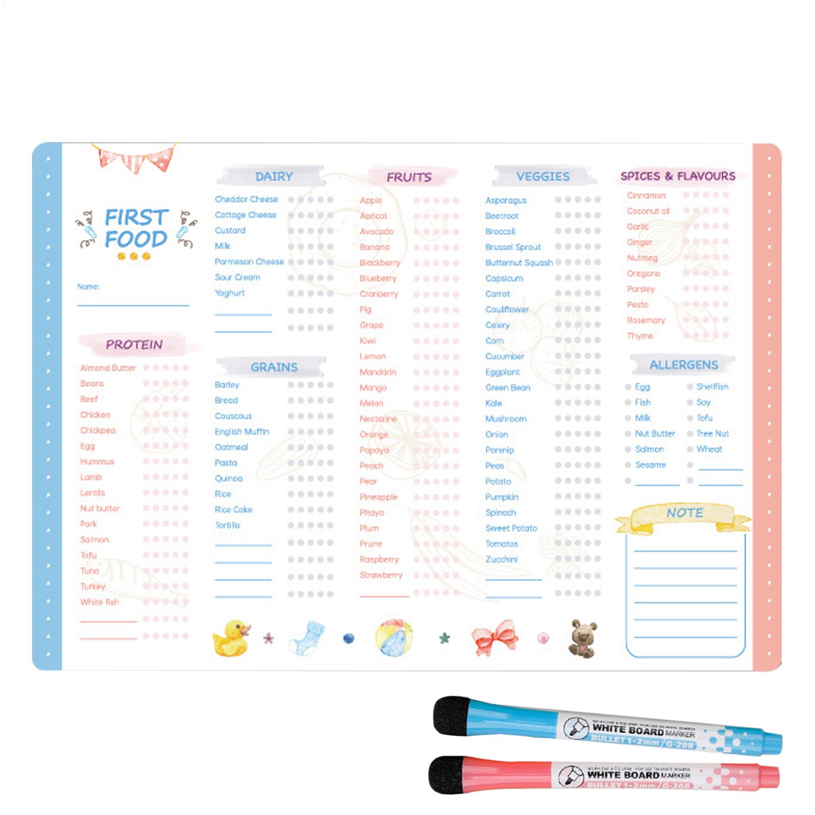 Baby Food Checklist - Wiederverwendbare Erstfütterungs-Tracker-Checkliste, magnetische Baby-Erstfütterungs-Checkliste, wiederholbarer Baby-Fütterungsplaner,